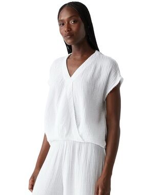 Michael Stars White Textured V-Neck Evie Double Gauze Blouse!